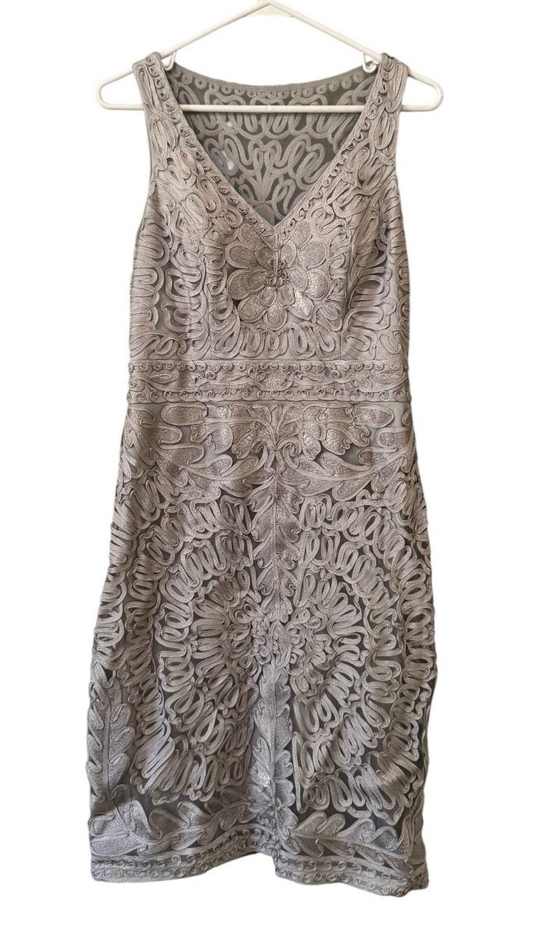 Suewong Women Size 10 Crocheted Floral Dress Silver Lined‎ Formal Wedding Party
